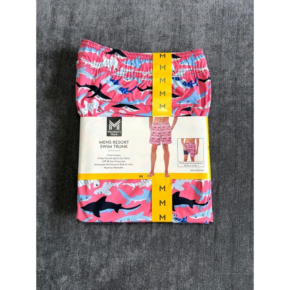 NWT Member's Mark Resort Swim Trunks Men's Medium Pink Fish Print UPF 50+ Lined